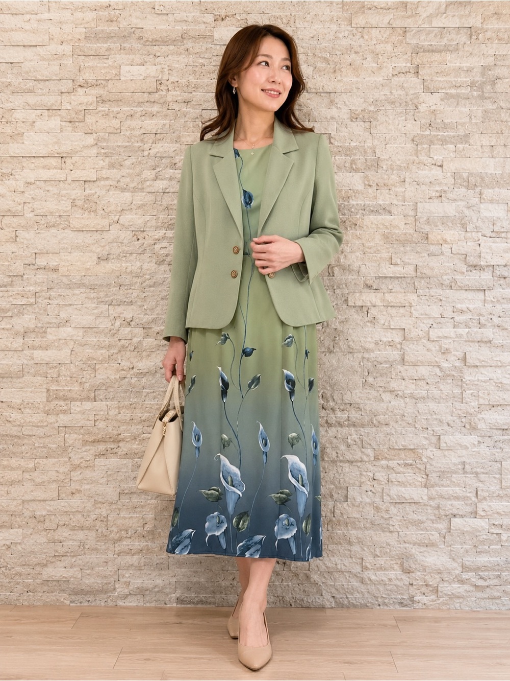 Sage Green Two-Piece Floral Dress Suit size XL European style